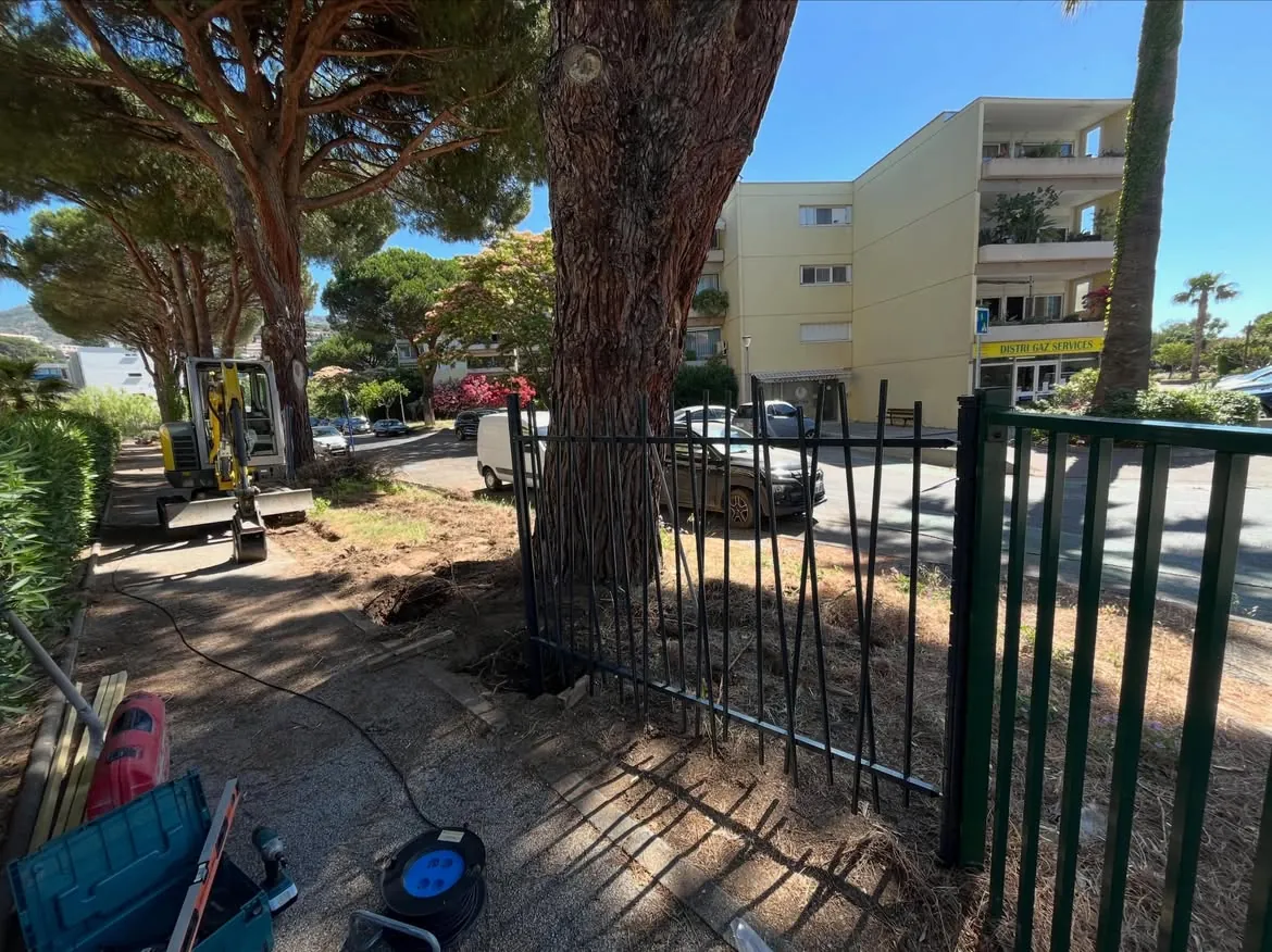 Pose de la clôture autour des arbres au Lavandou